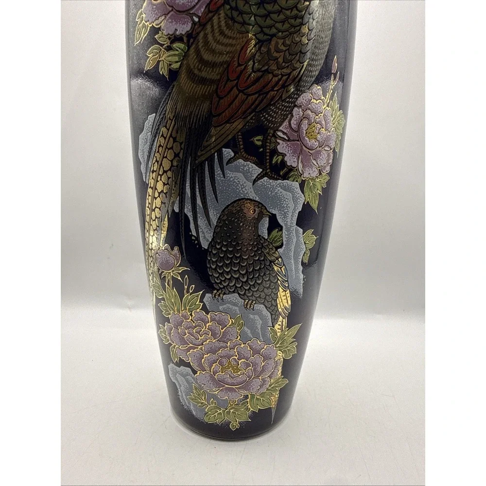 Kutani Cobalt Blue Pheasant and Flowers Vase Japanese